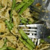 Genoise Basil pesto stirred into farfalle and green beans for a quick and healthy lunch